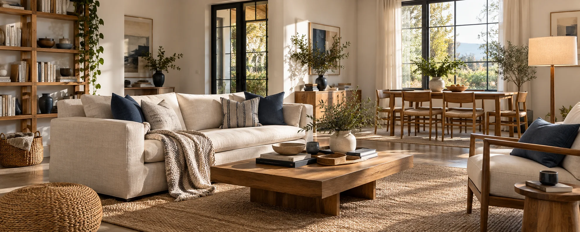 A sunlit contemporary living space with natural wood, soft textiles, thoughtful storage and warm lighting