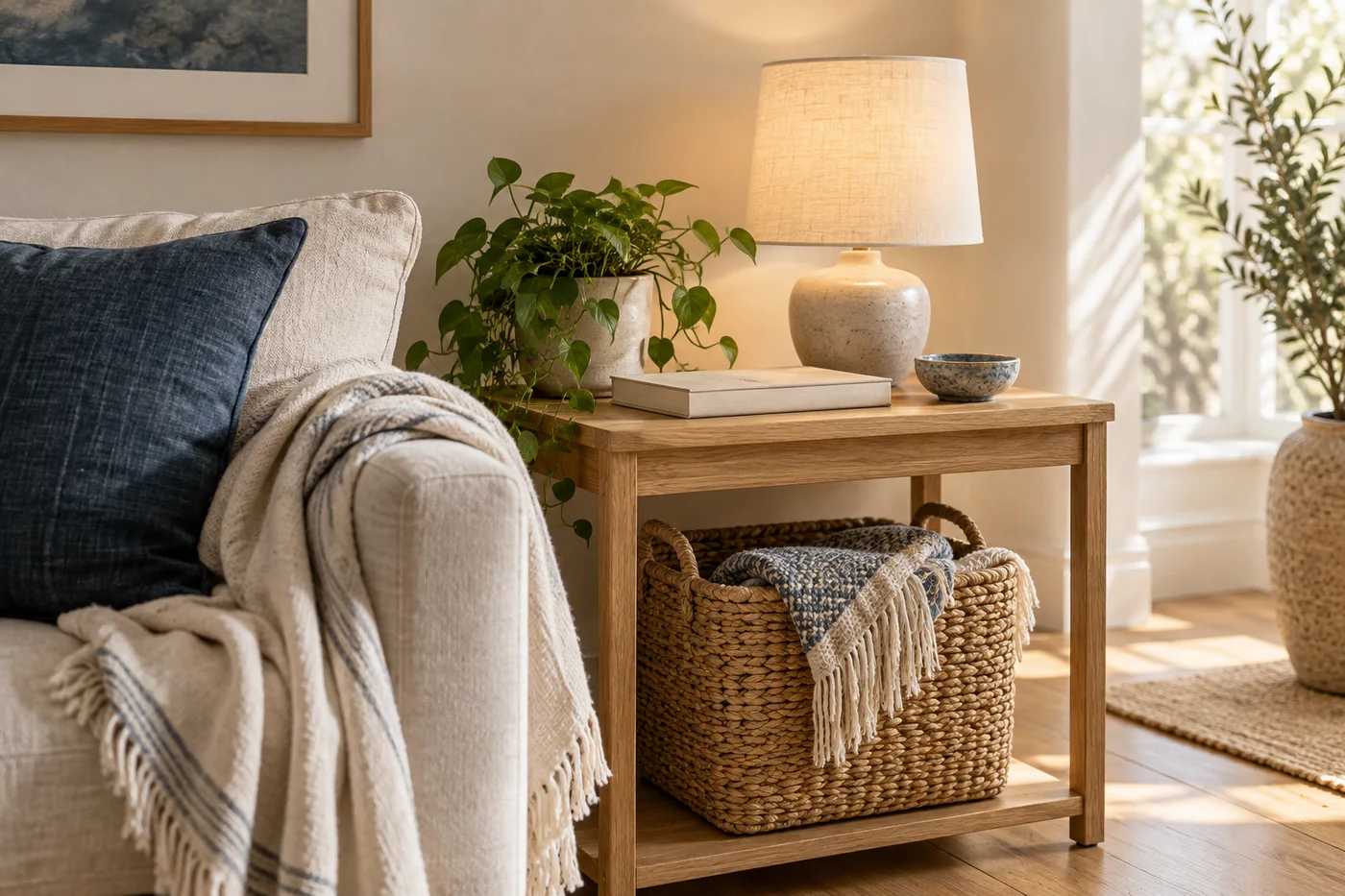A home vignette with natural wood, a soft throw, warm lighting and thoughtfully arranged everyday essentials